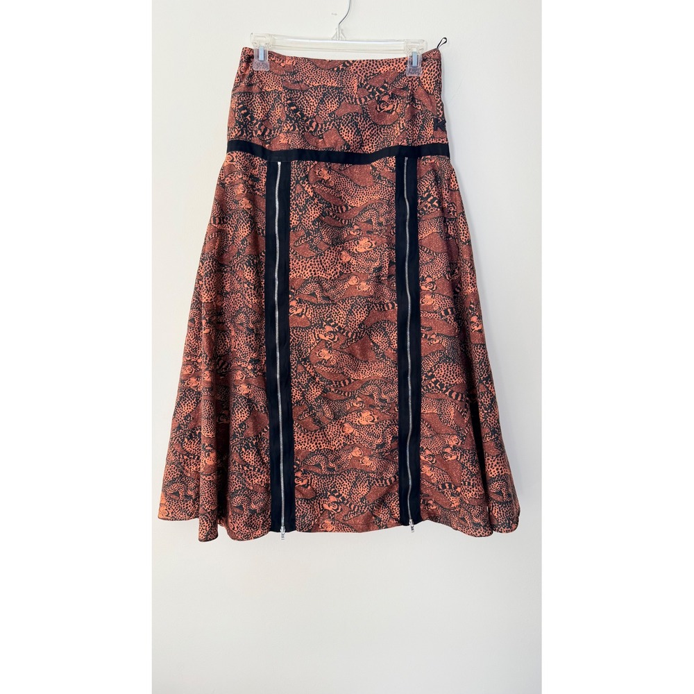 Kenzo Leopard Print Zipper Detail Midi Skirt Orange Black Size 38